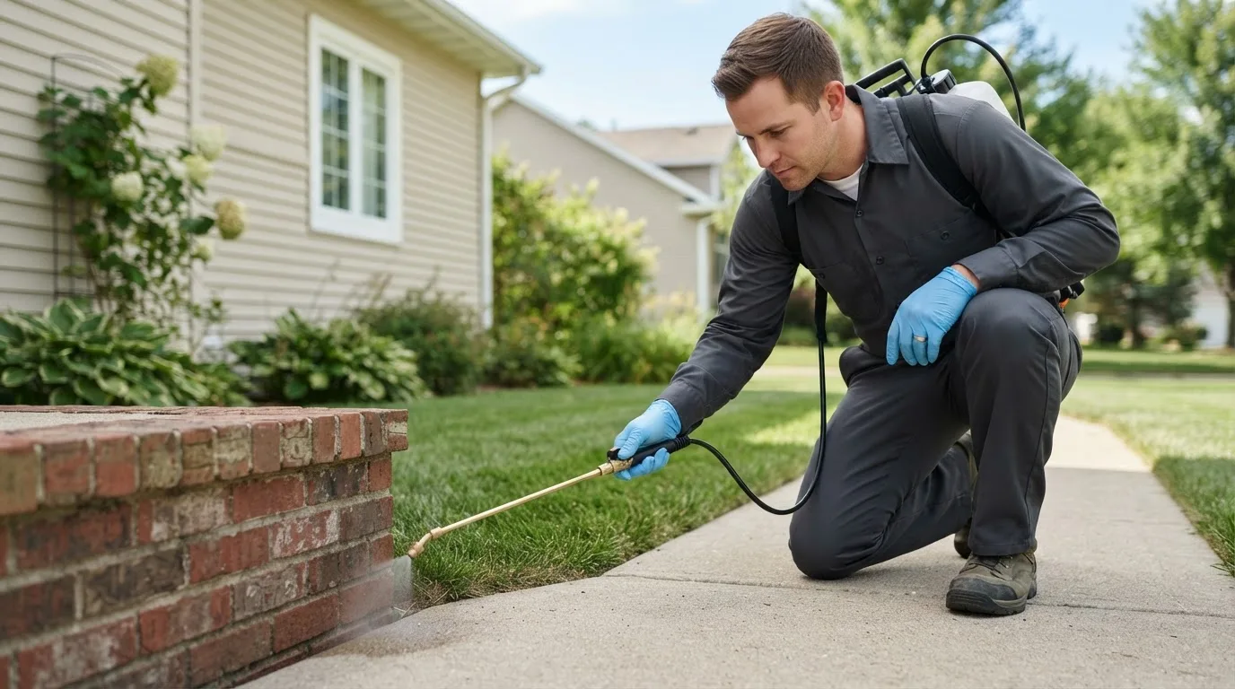 Pest control technician treating a home near Pleasant Grove, UT